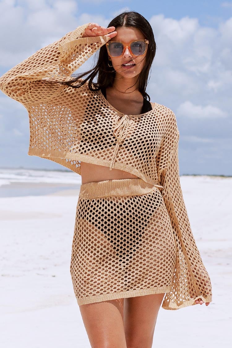 Hermosa Drop Shoulder Sleeve Crochet Coverup Set