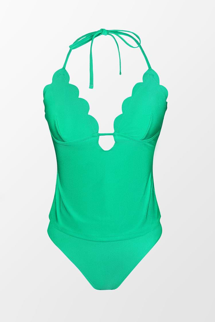 Green Scalloped Keyhole Halter Top & Standard Rise Tankini Set