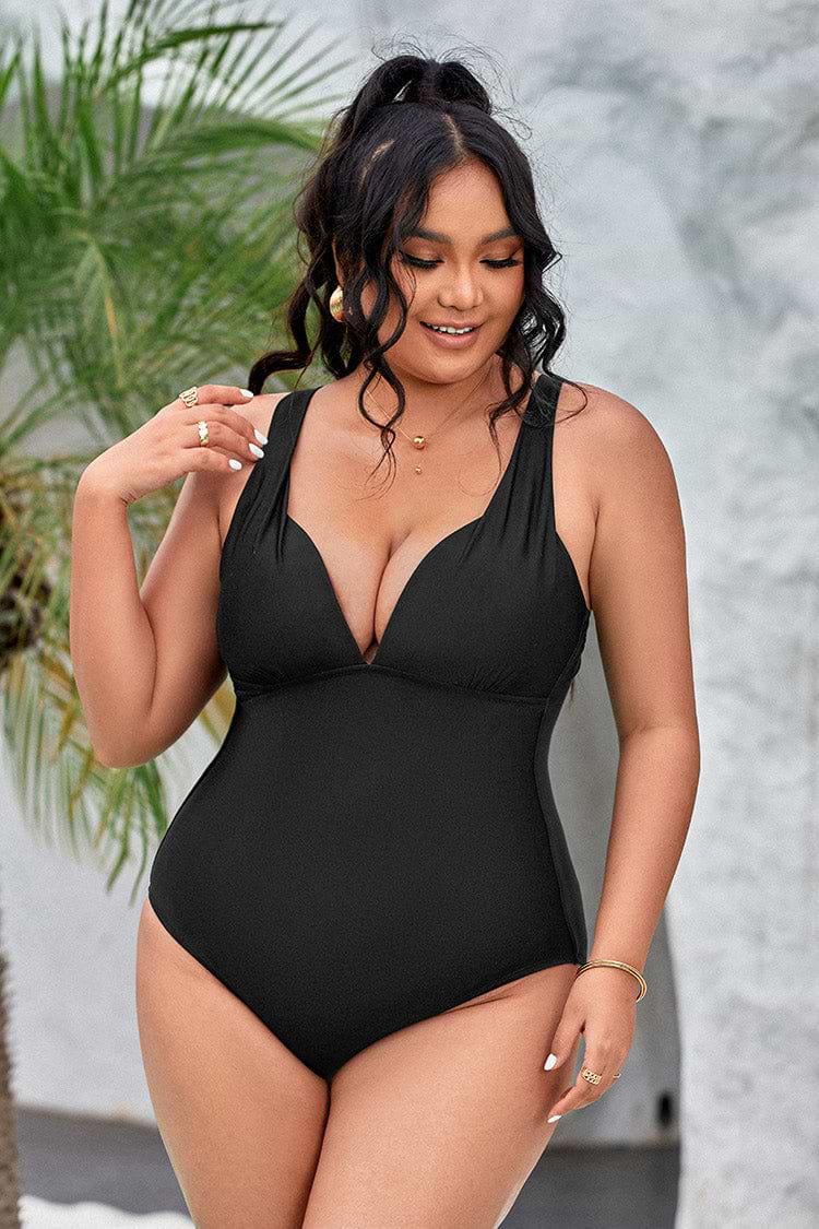 Plus Size Black Plunge Tummy Control One Piece Swimsuit