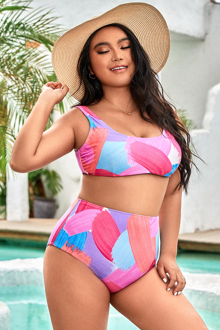 Plus Size Leaf Print Tummy Control Bikini Swimsuit