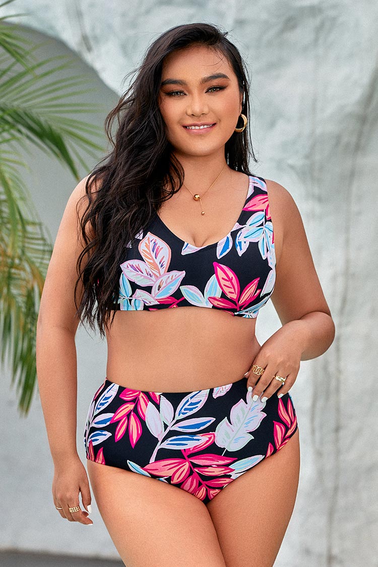 Plus Size Scoop Cut Out Tummy Control Bikini Swimsuit