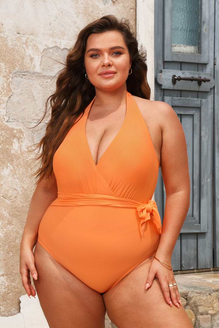 Plus Size Halter Belted Tummy Control One Piece Swimsuit