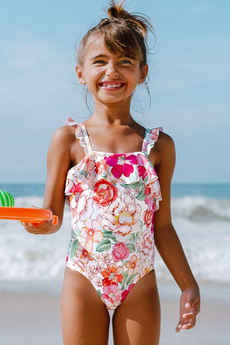 Girls Pink Floral Ruffles One Piece Swimsuit