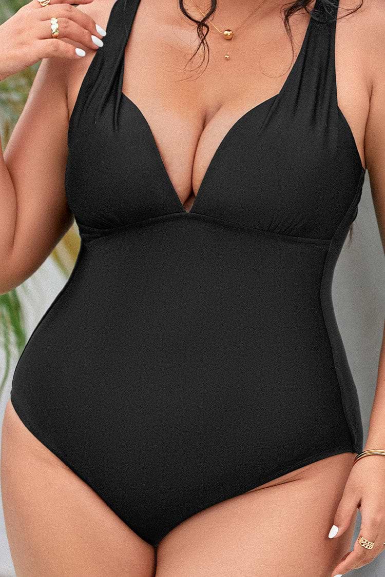 Plus Size Black Plunge Tummy Control One Piece Swimsuit