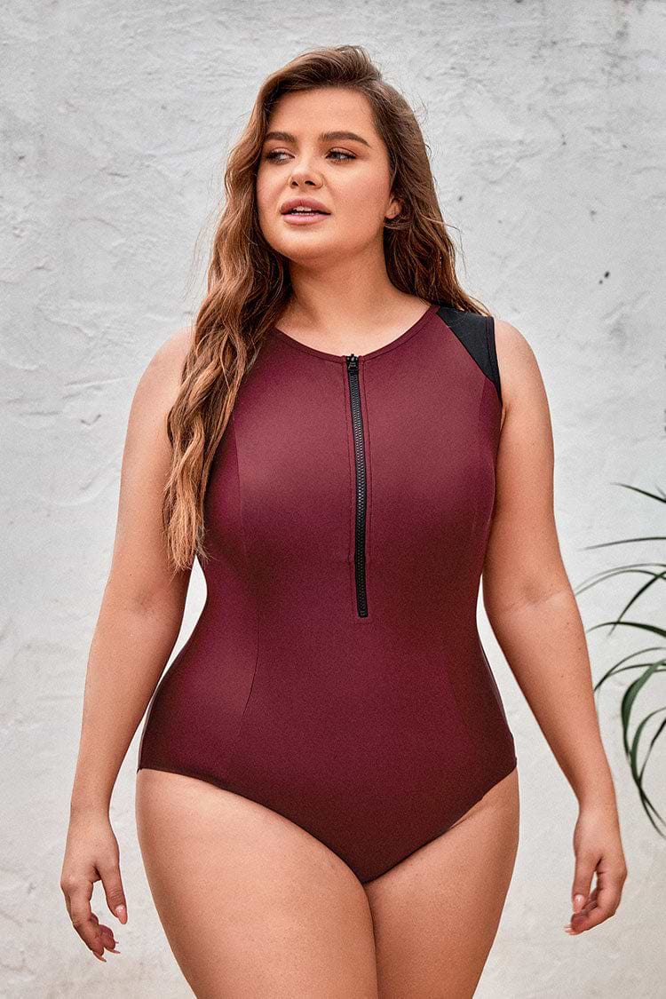 Plus Size Front Zip Tummy Control One Piece Swimsuit