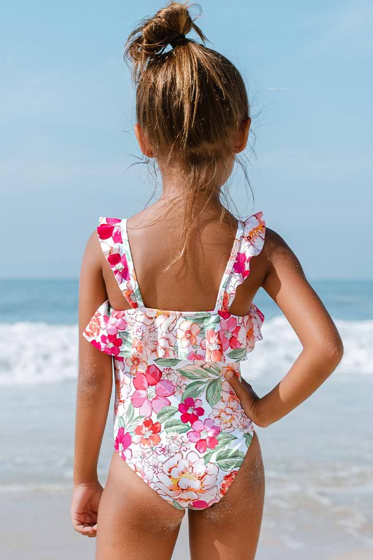 Girls Pink Floral Ruffles One Piece Swimsuit