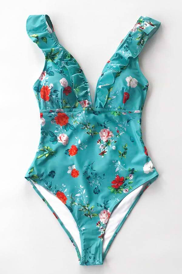 Bañador V-escote Azul y Floral