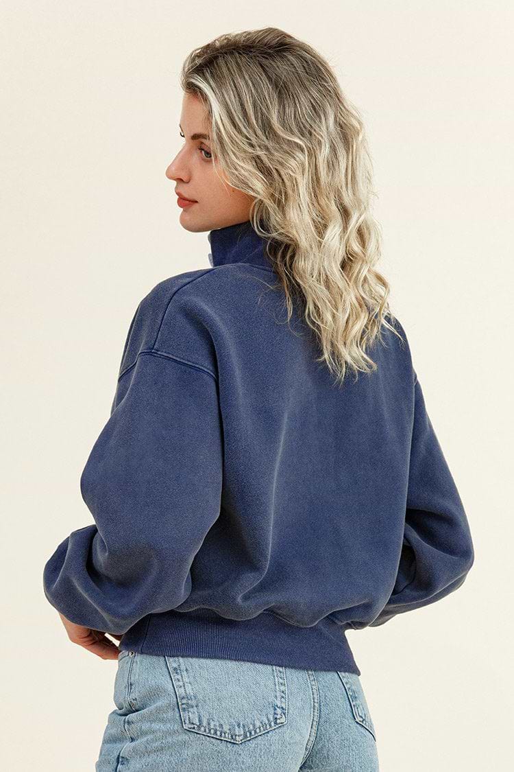 Martina Button-Collar Cropped Navy Sweatshirt