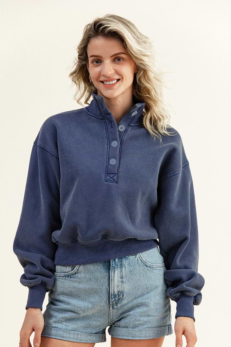 Martina Button-Collar Cropped Navy Sweatshirt