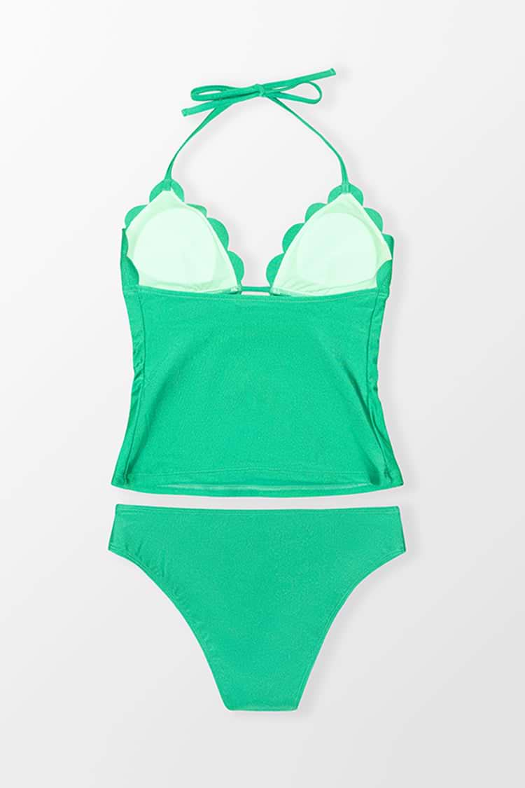 Green Scalloped Keyhole Halter Top & Standard Rise Tankini Set