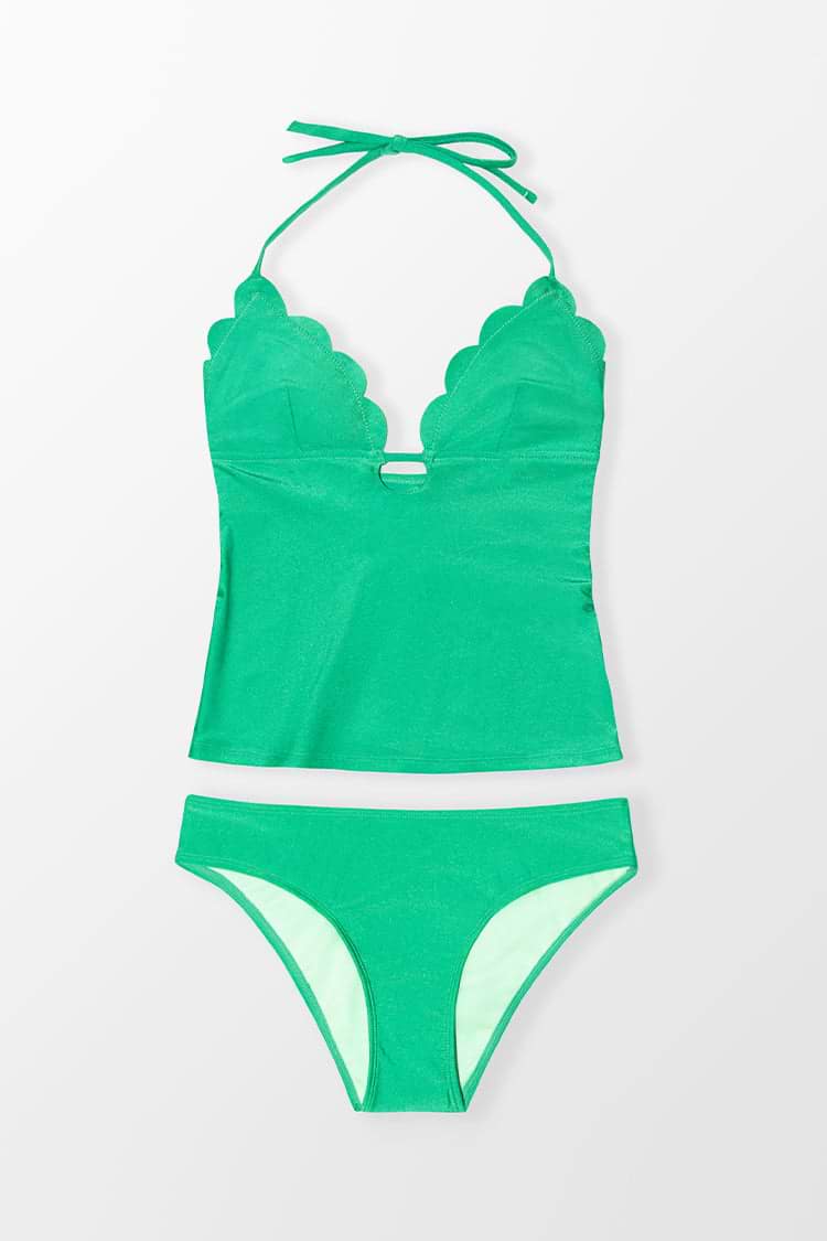 Green Scalloped Keyhole Halter Top & Standard Rise Tankini Set