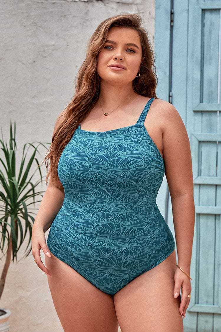 Plus Size Texture Tummy Control Floral One Piece Swimsuit