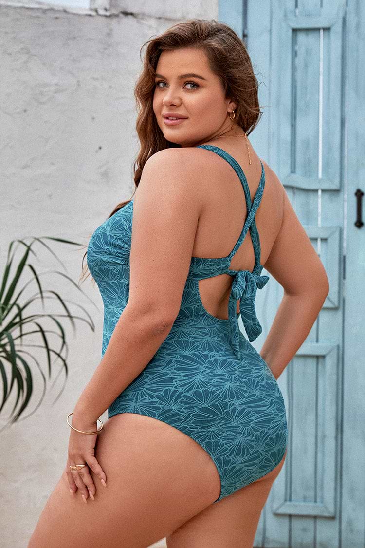 Plus Size Texture Tummy Control Floral One Piece Swimsuit