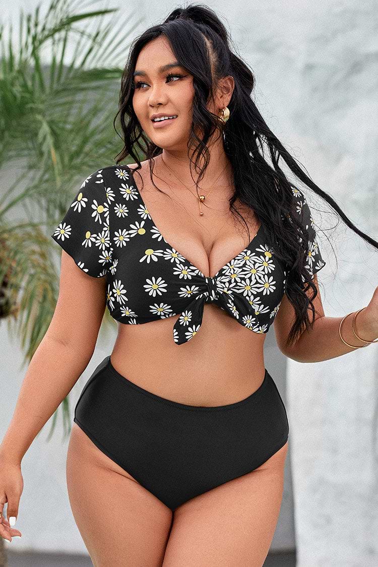 Haut de bikini grande taille noué à manches courtes et à petites fleurs