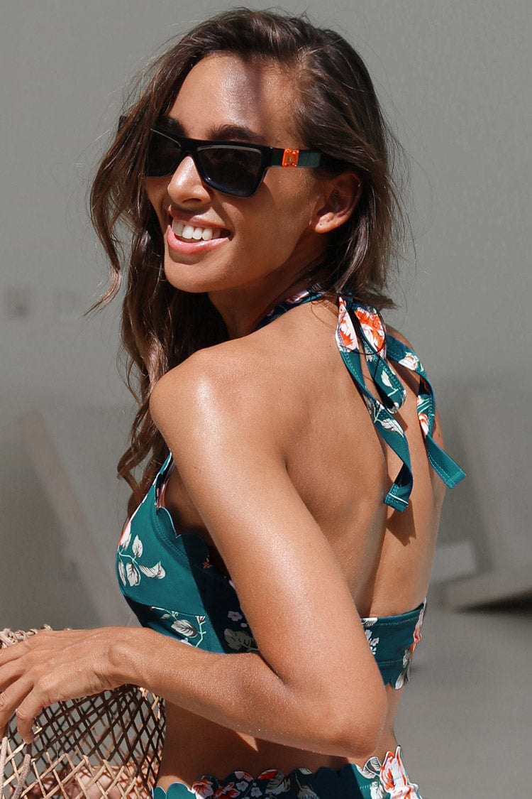 Teal Floral Scalloped Bikini