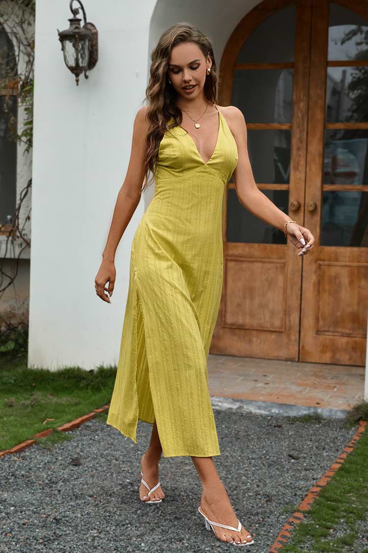Robe cover up en pur coton ajustée à la taille dos nu à col en V