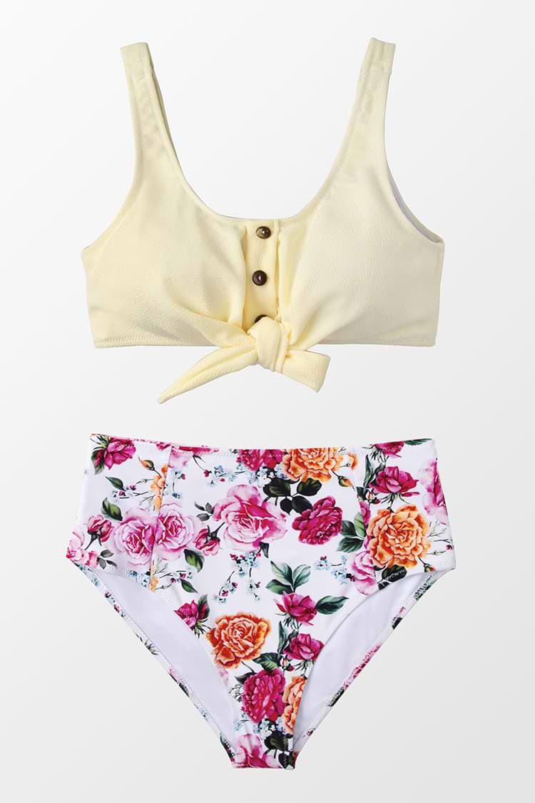 Bikini Cintura-Alta Floral & Tank Nudo-Delantero Sólido