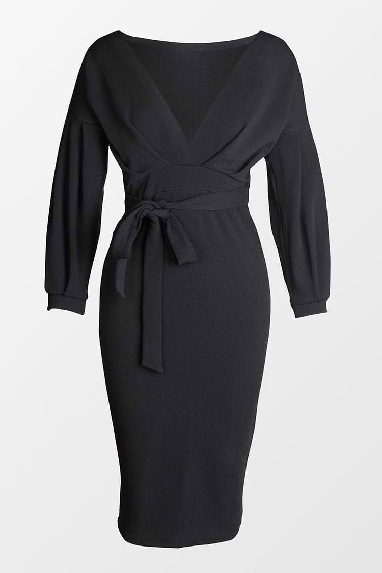 Chyna V-neck 3/4 Sleeve Tie Waist Tea Length Dress