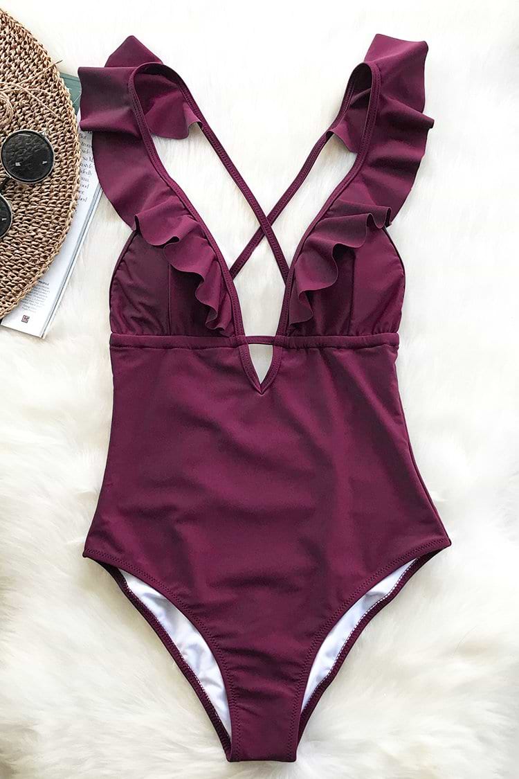 Maillot de bain une pièce col en V et à volants