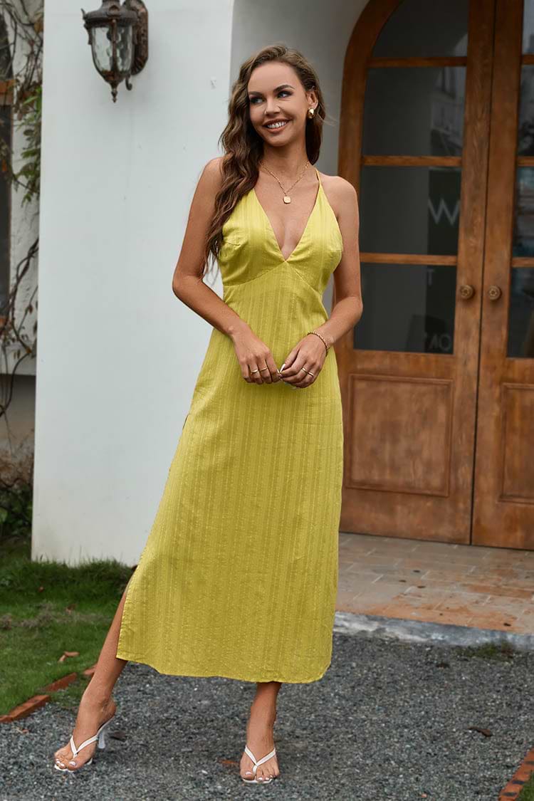 Robe cover up en pur coton ajustée à la taille dos nu à col en V