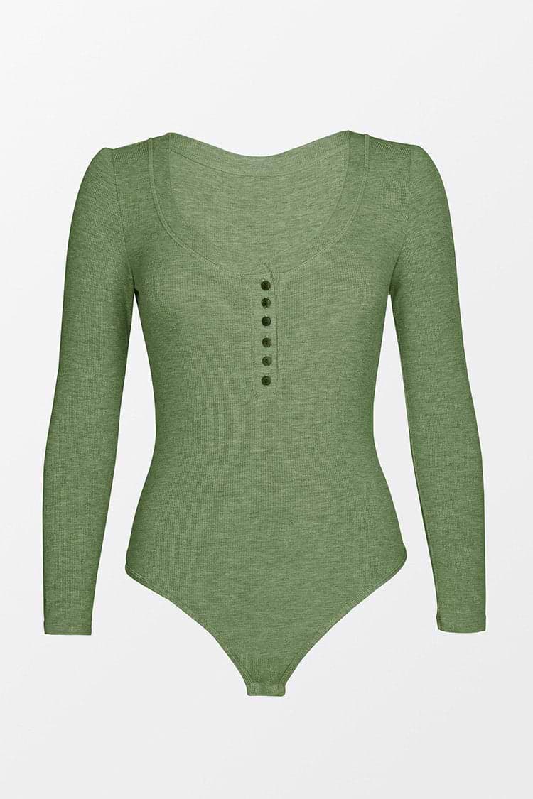 Tenley Green Button Front Scoop Neck Bodysuit
