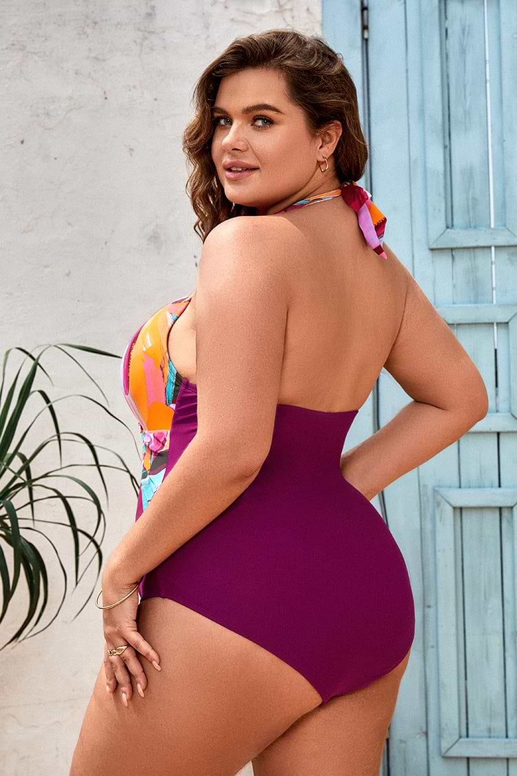 Artistic Flowers Twist Front Tummy Control Plus Size One Piece