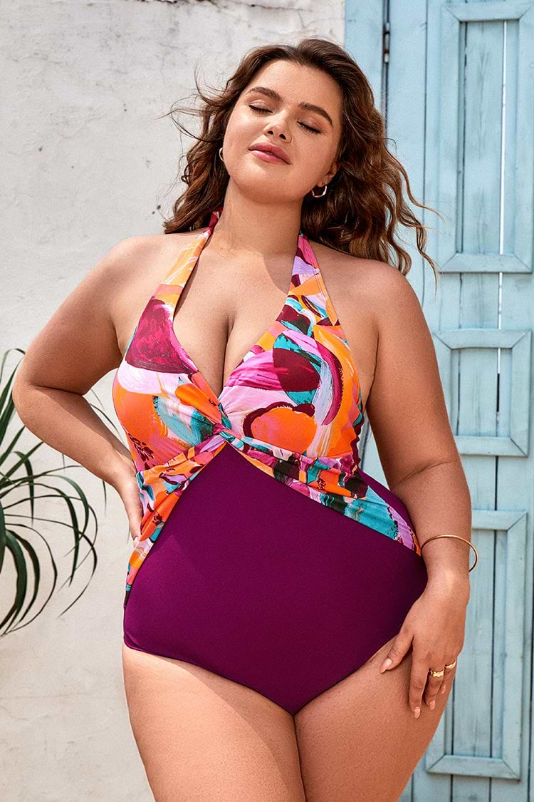 Artistic Flowers Twist Front Tummy Control Plus Size One Piece