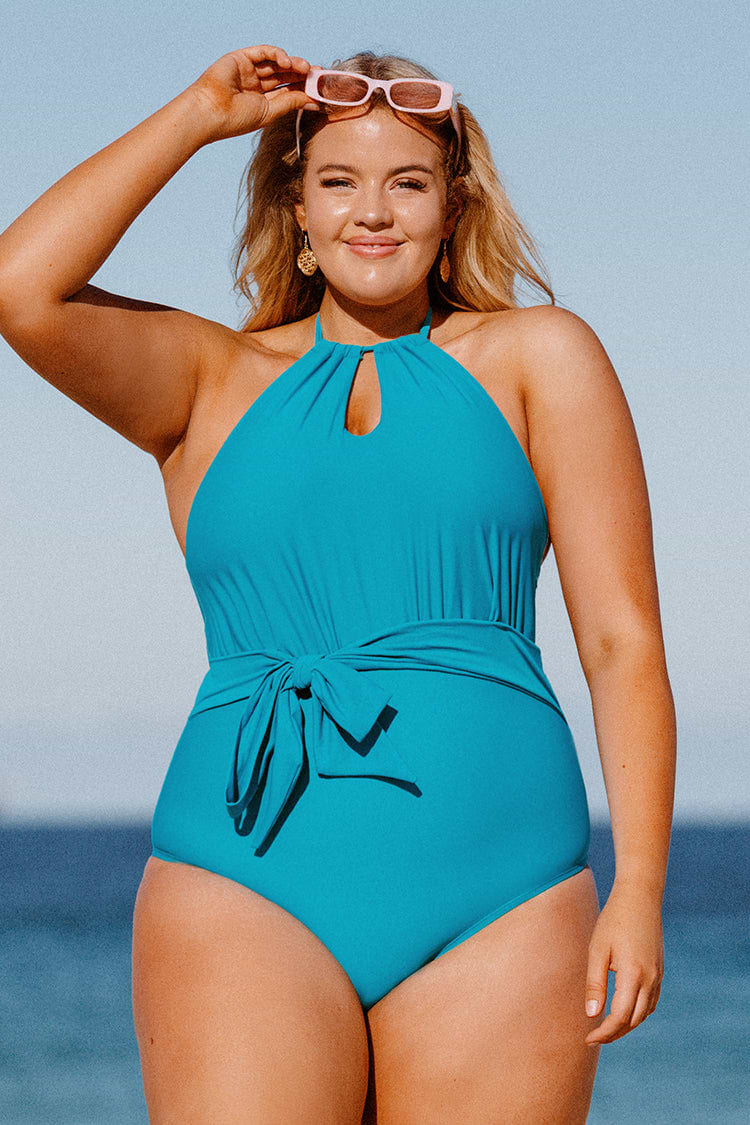 Maillot de bain une pièce grande taille couleur unie avec ceinture