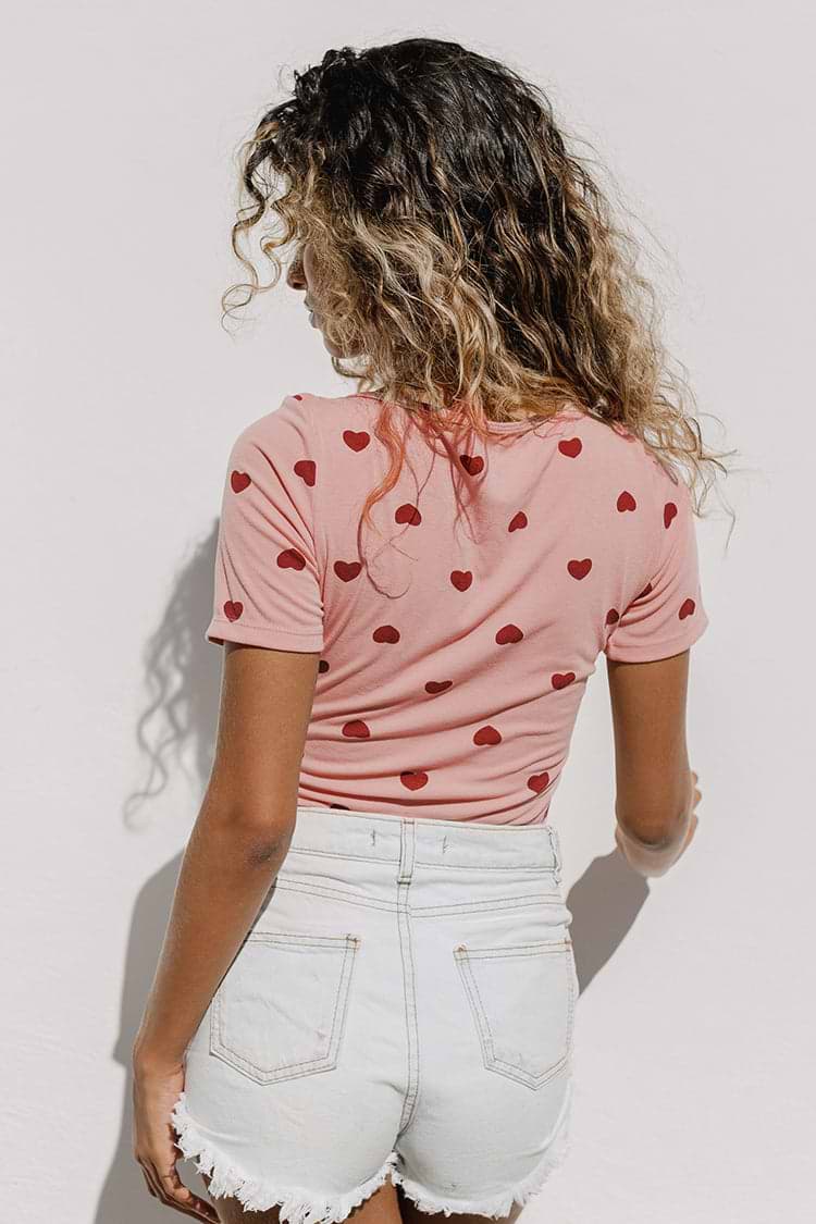 Laurel Scoop Tie Heart Print  Bodysuit