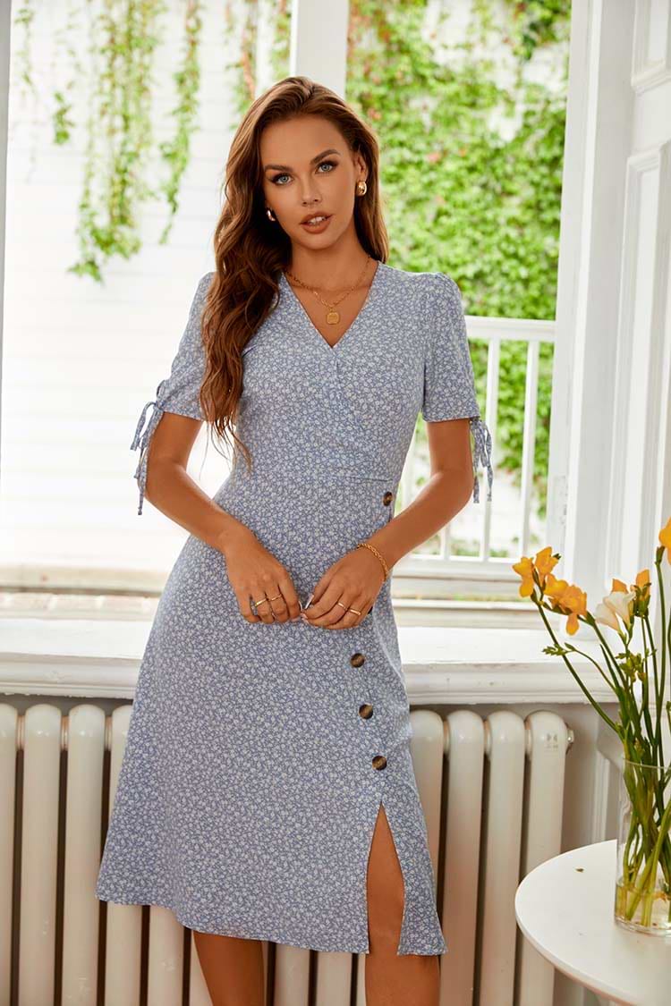 Madge V-neck Bubble Sleeve Ditsy A-Shape Dress