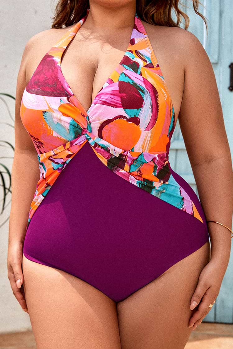 Plus Size Twist Front Tummy Control Multi One Piece Swimsuit
