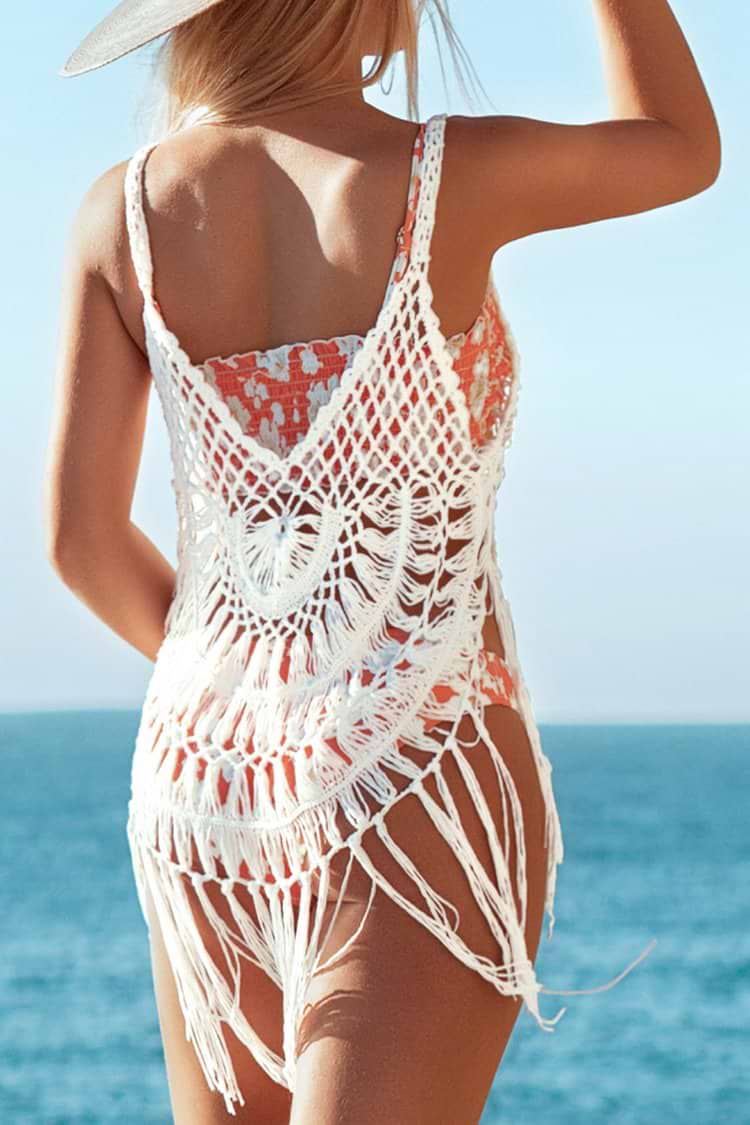 Cover up blanco corto con ribete de flecos