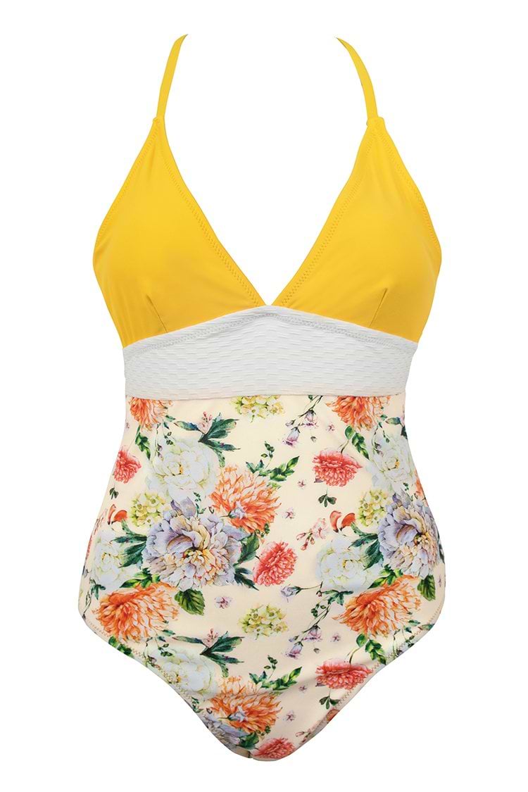 Bañador amarilla con estampado floral de granada