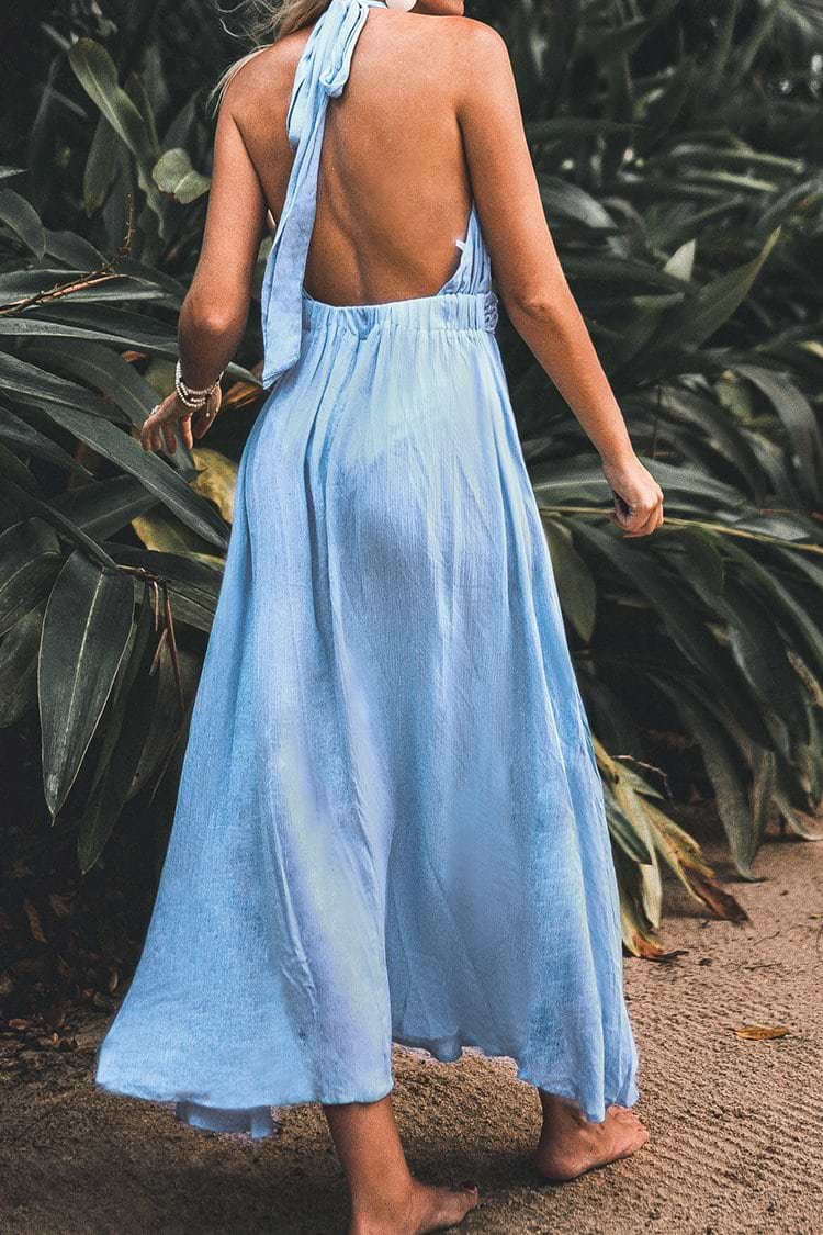 Vestido largo sin espalda azul