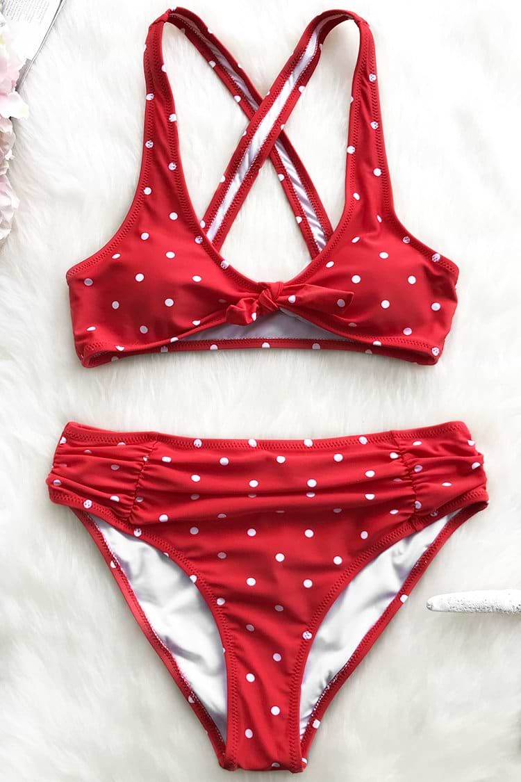 Bikini Rojo Atado escote Redondo Lunares