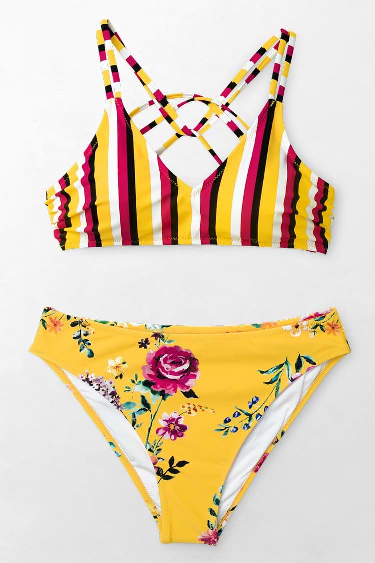 Bikini Floral & Rayas Amarillas Con Tiras