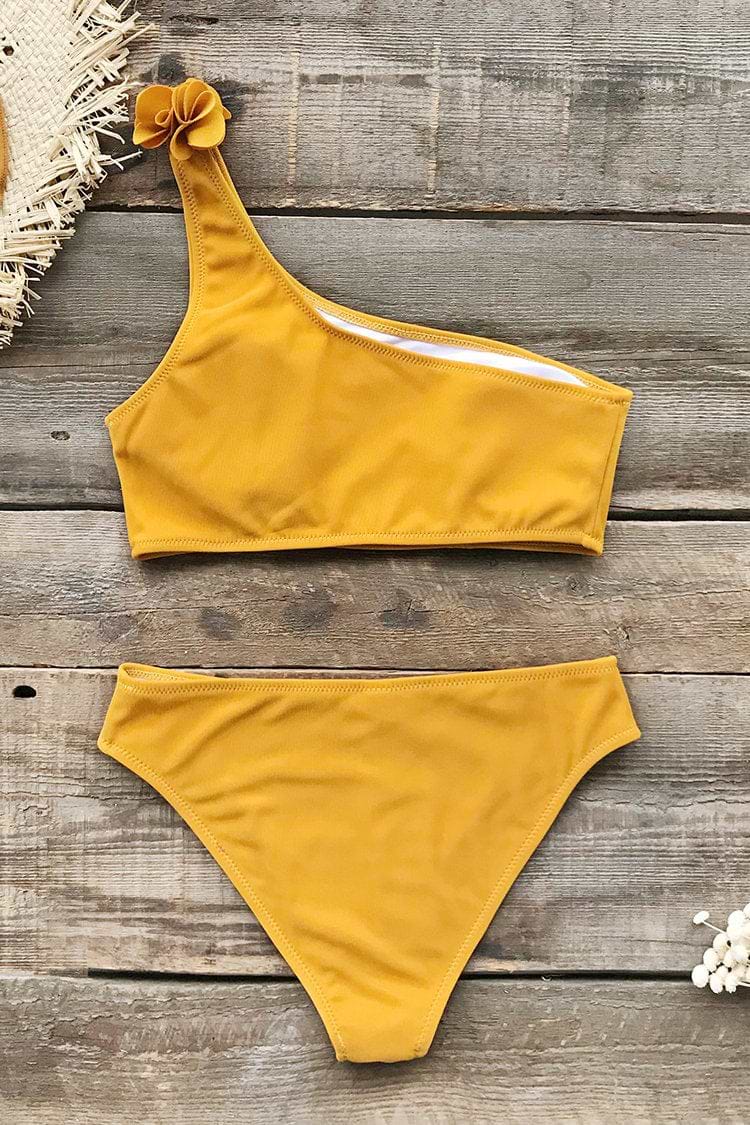 Bikini De Un Hombro Amarillo Suave