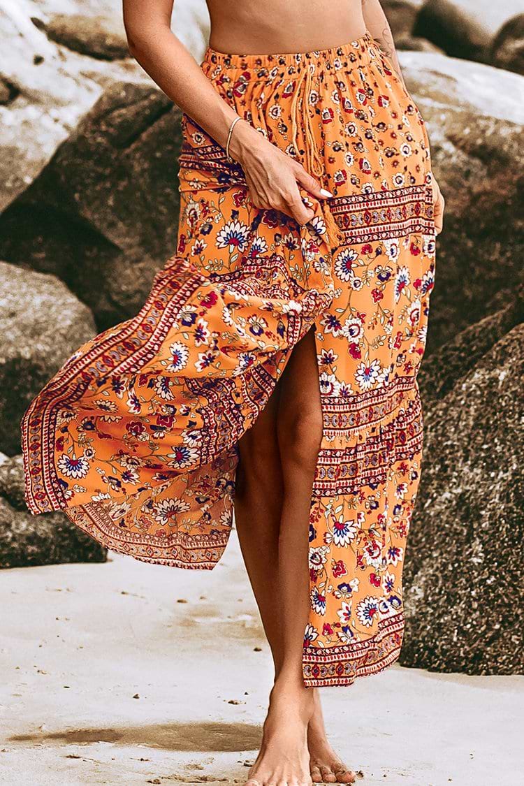 Falda Naranja Estampada Floral