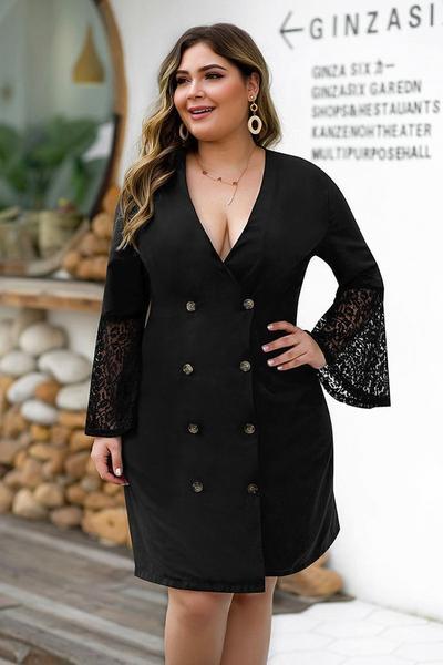 Vestido de talla grande con escote en V y manga de encaje