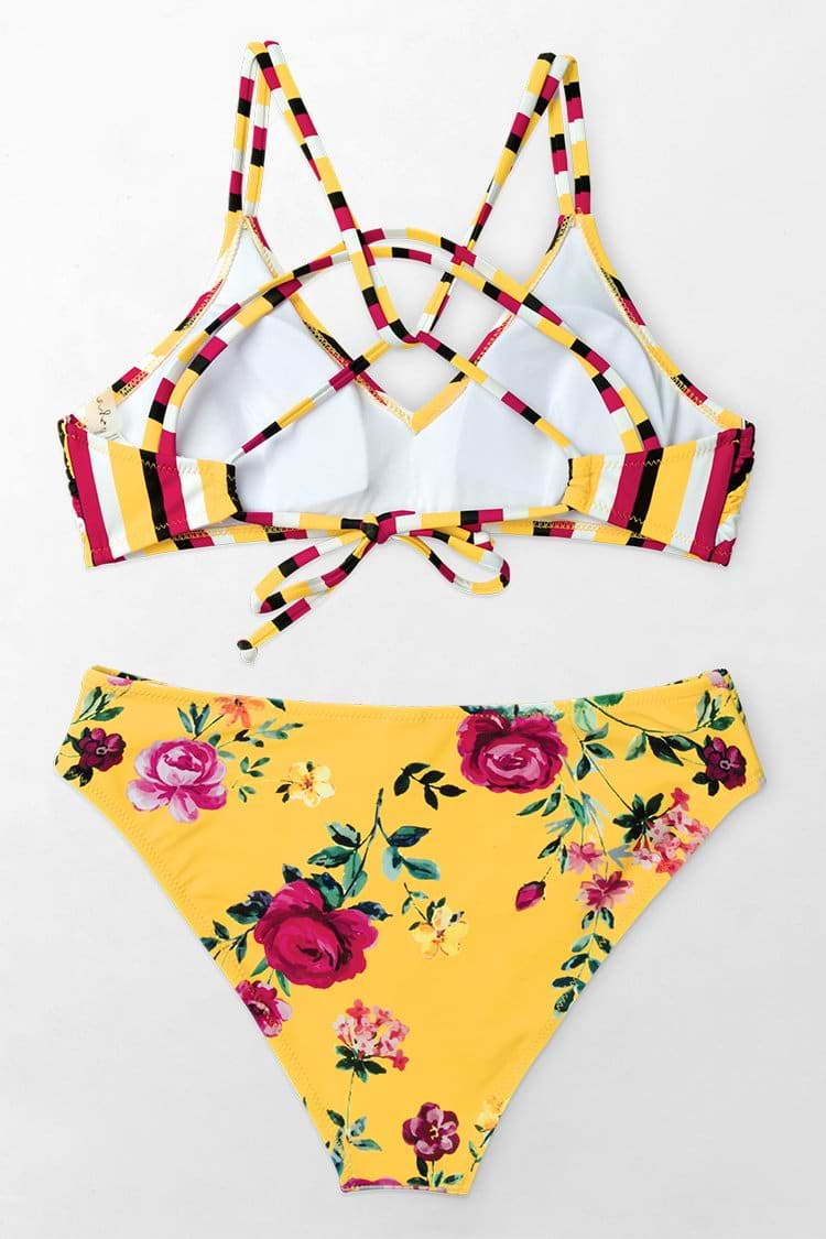 Bikini Floral & Rayas Amarillas Con Tiras
