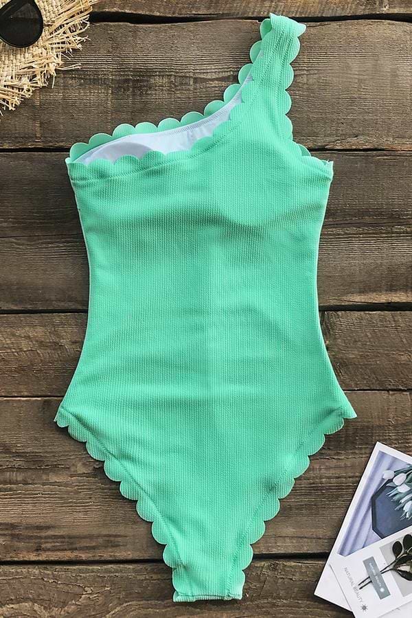 Bañador Festoneado Verde de un Hombro