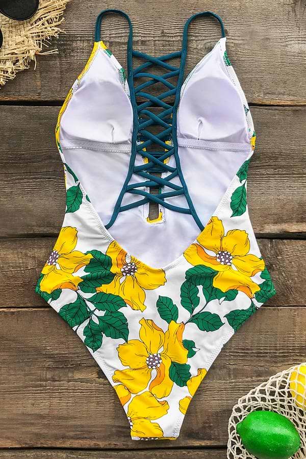 Bañador con escote V profundo con cordones florales