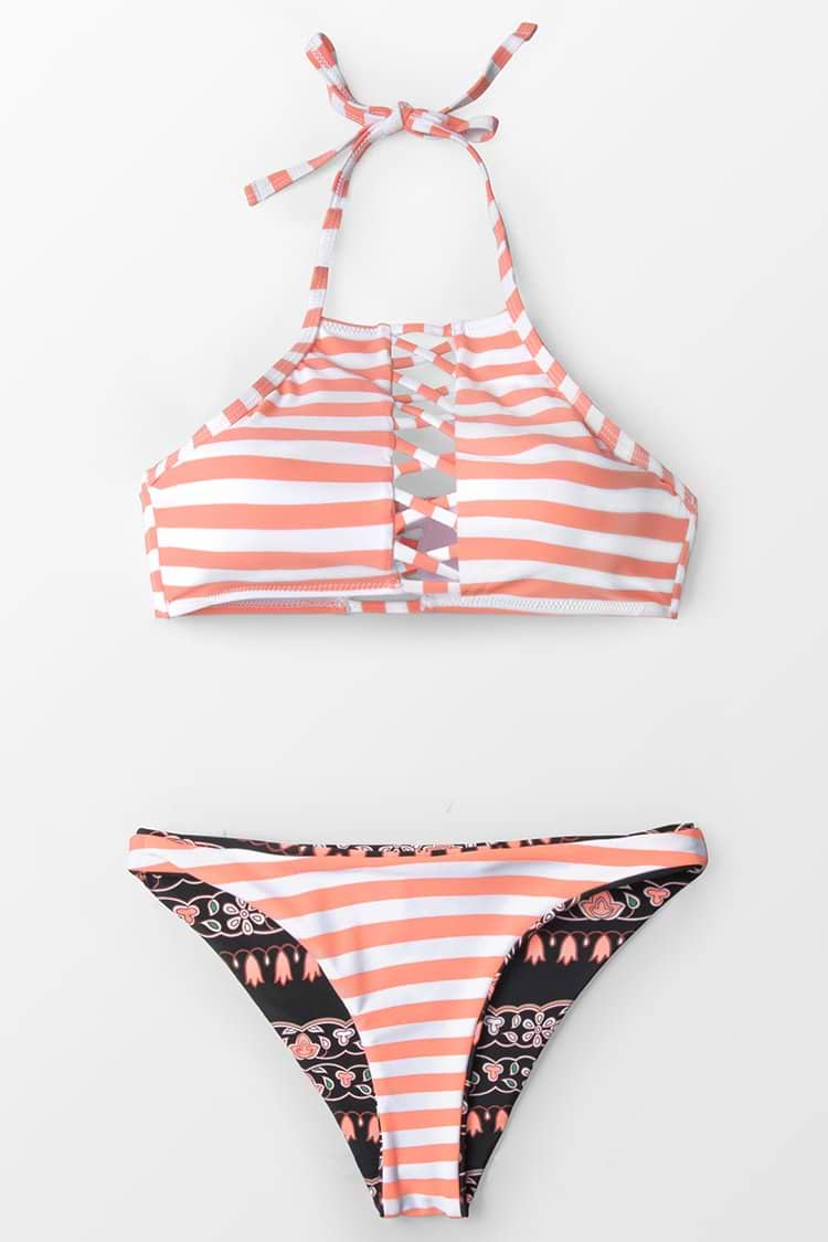 Bikini Rayas Naranjas & Blancas Con Cordones