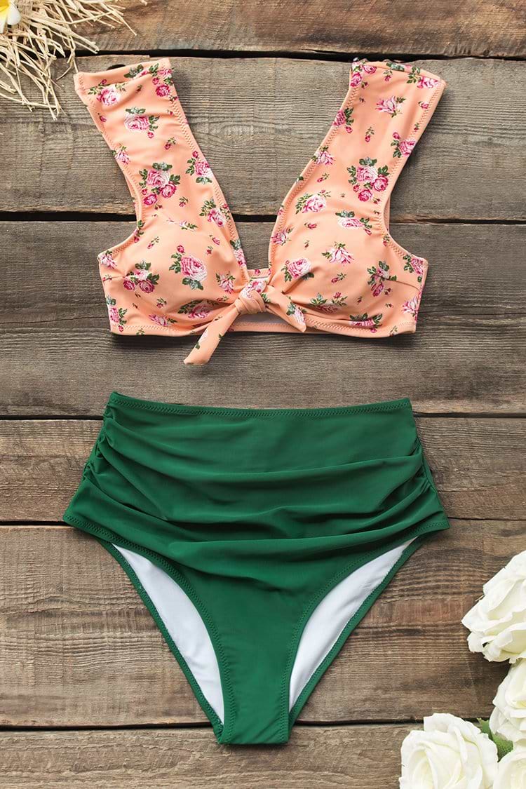 Bikini de Cintura Alta  Verde de Nudo Delantero Rosado