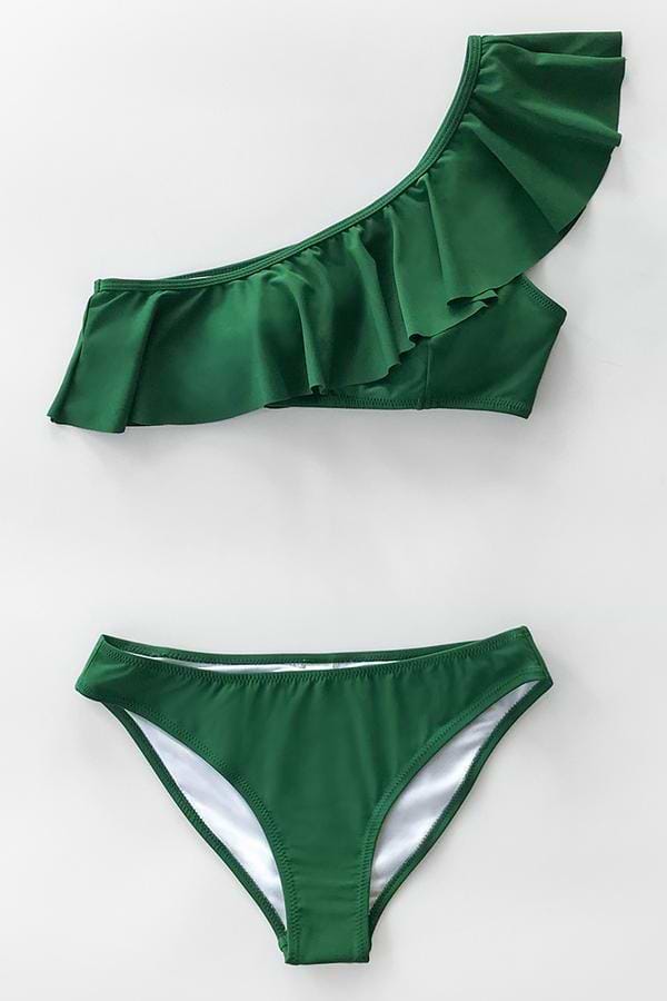 Bikini Verde Con Volantes de un solo Hombro