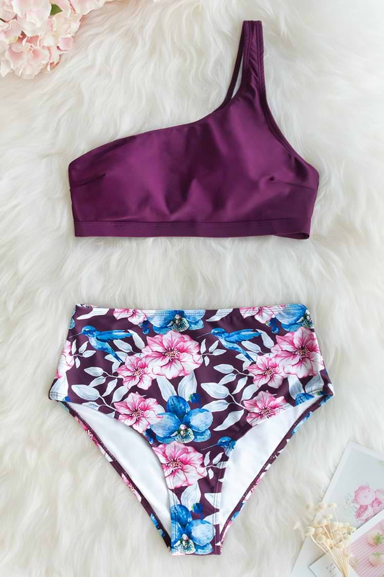 Bikini Cintura Alta De Un Hombro Con Ciruela Floral