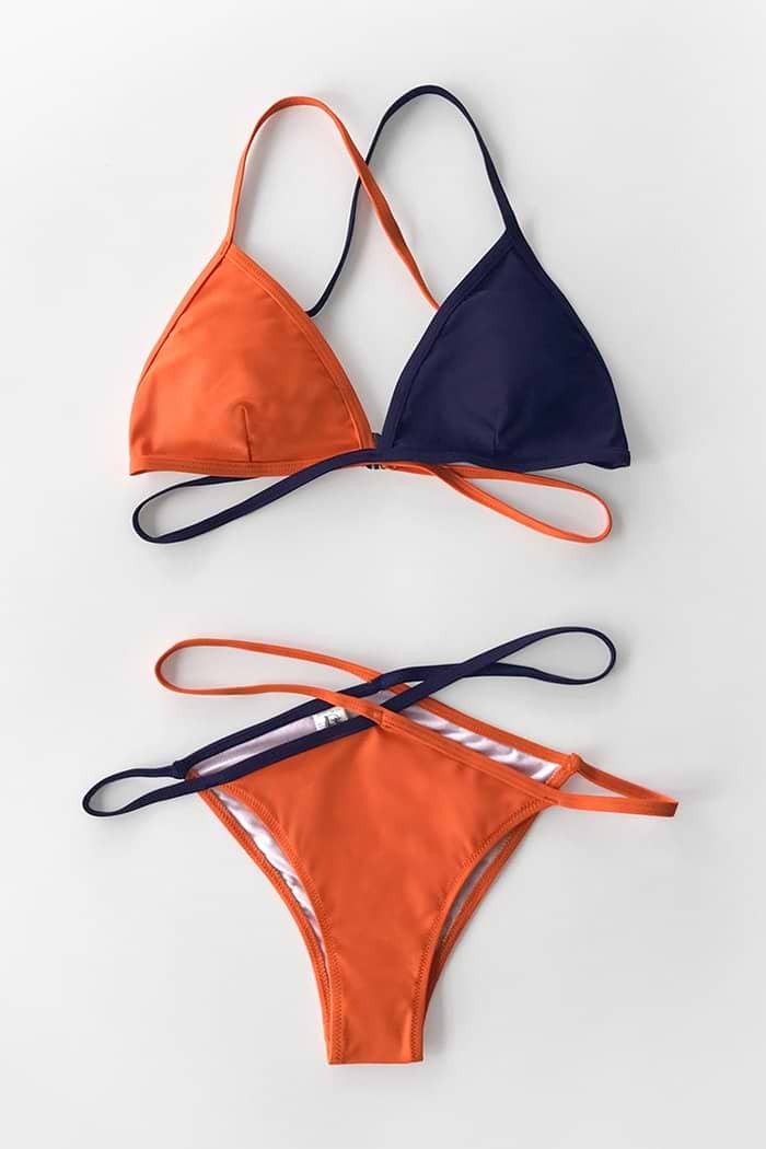 Bikini Strappy Naranja y Azul Marino