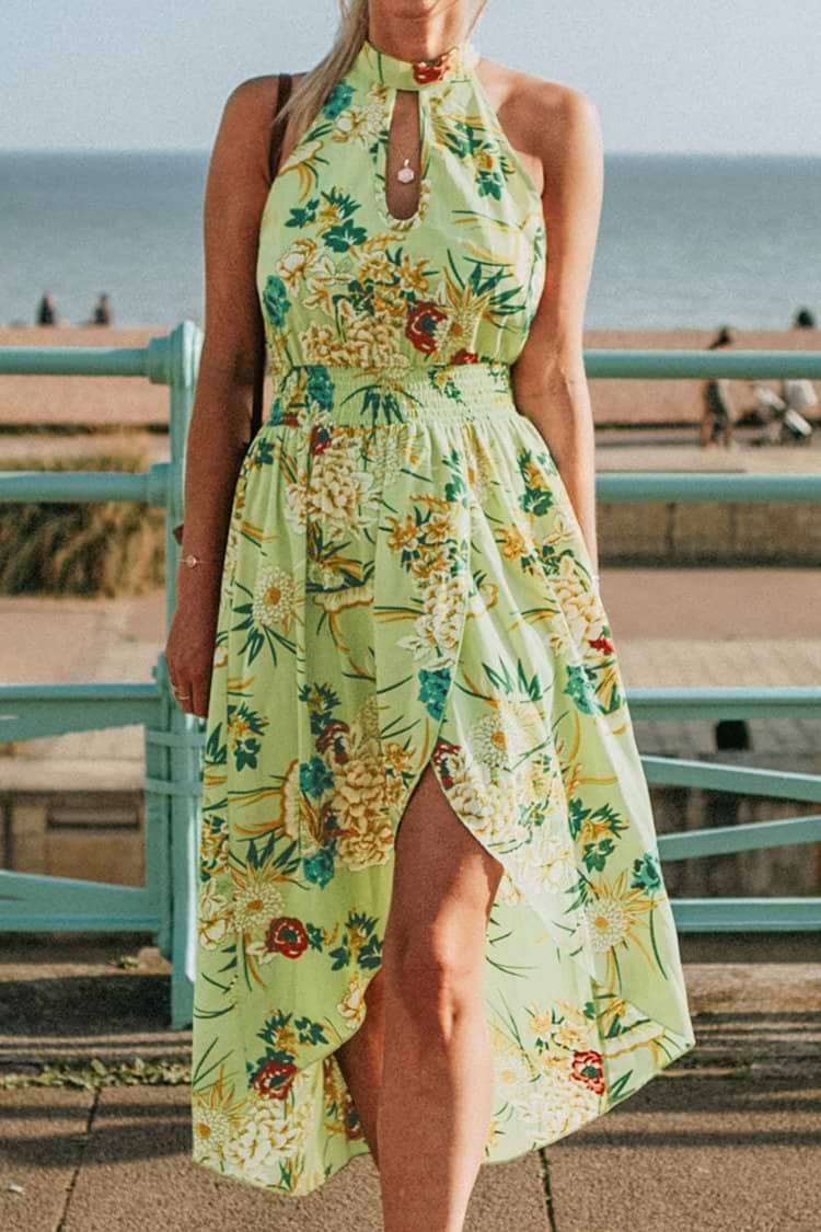 Vestido verde midi de cuello alto estampado de flores