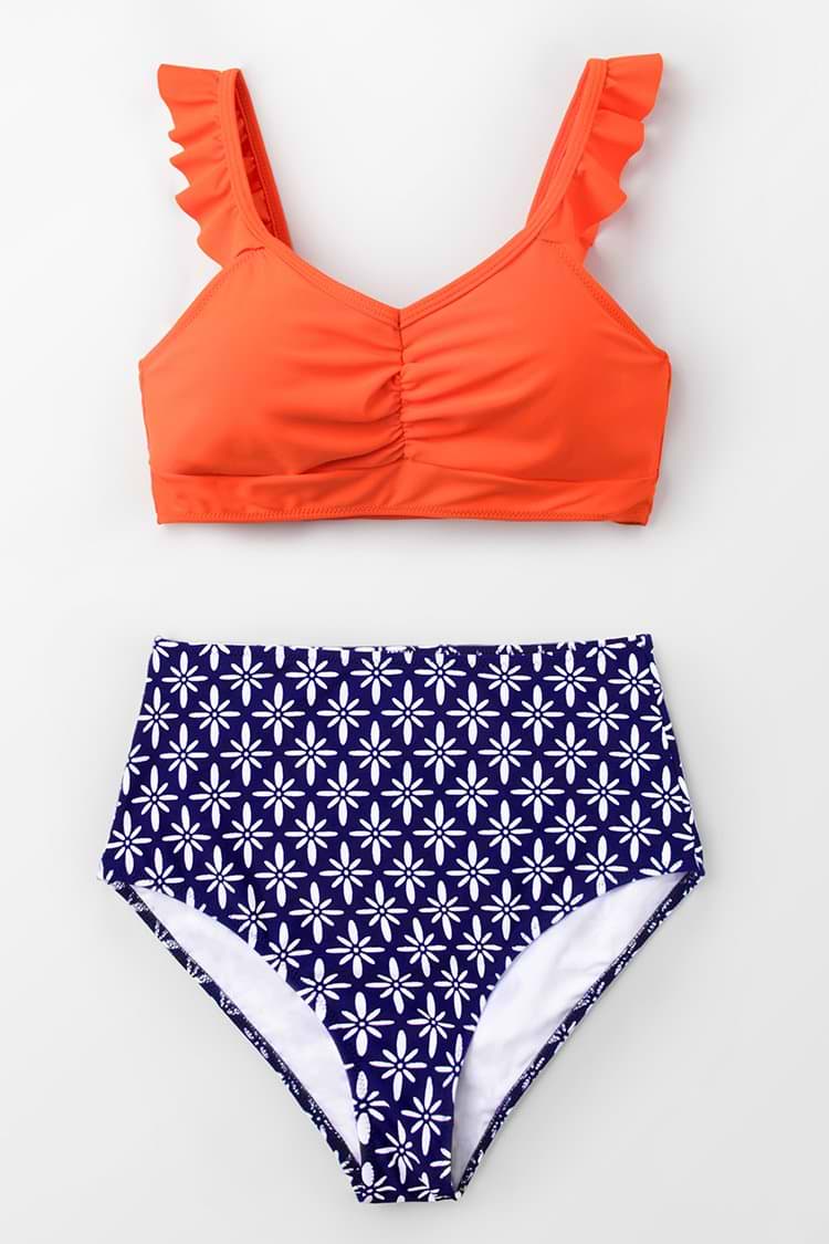 Bikini Cintura Alta Con Volantes y Mandarina