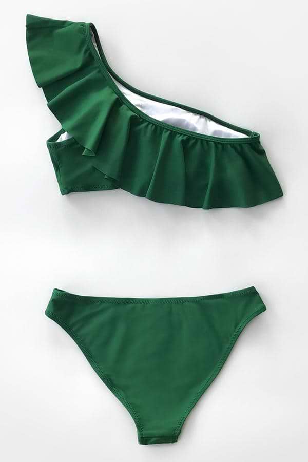 Bikini Verde Con Volantes de un solo Hombro